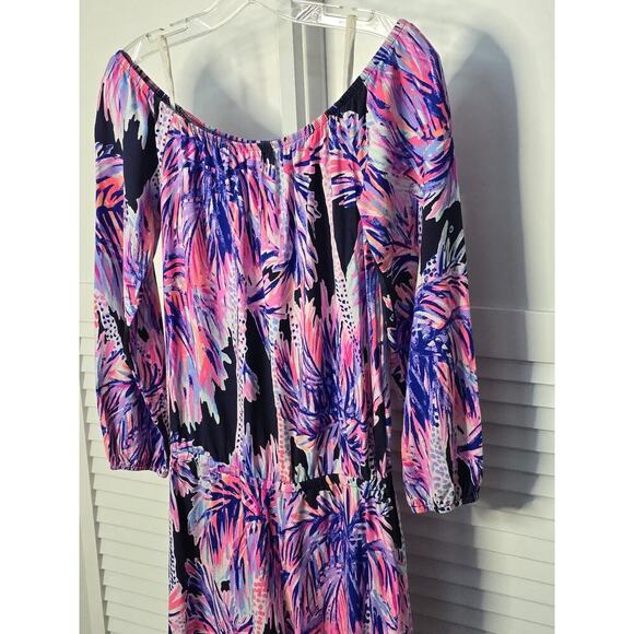 LILLY PULITZER Lana Off The Shoulder Romper In Bright Navy Palms Up Small Beach - Picture 3 of 6